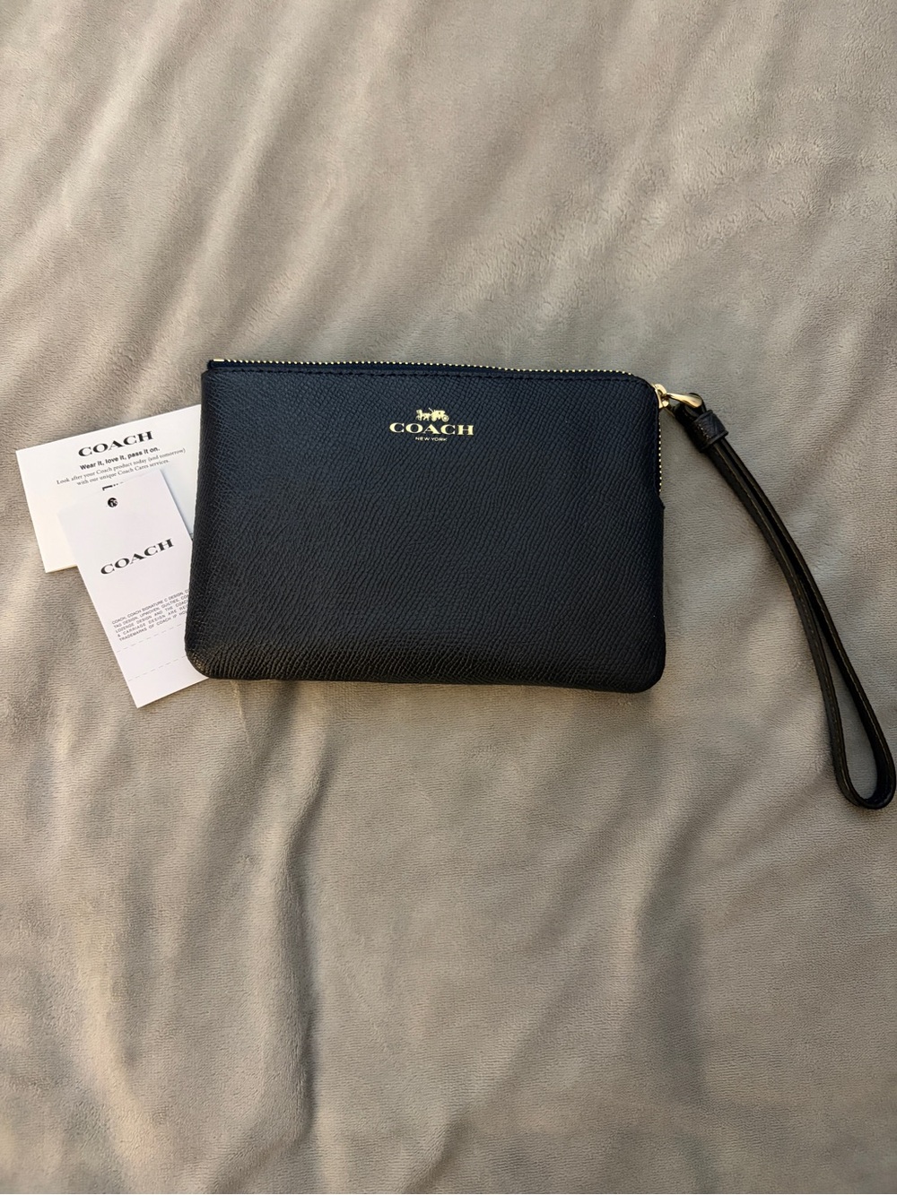 Coach Black Leather Wristlet with Gold Logo